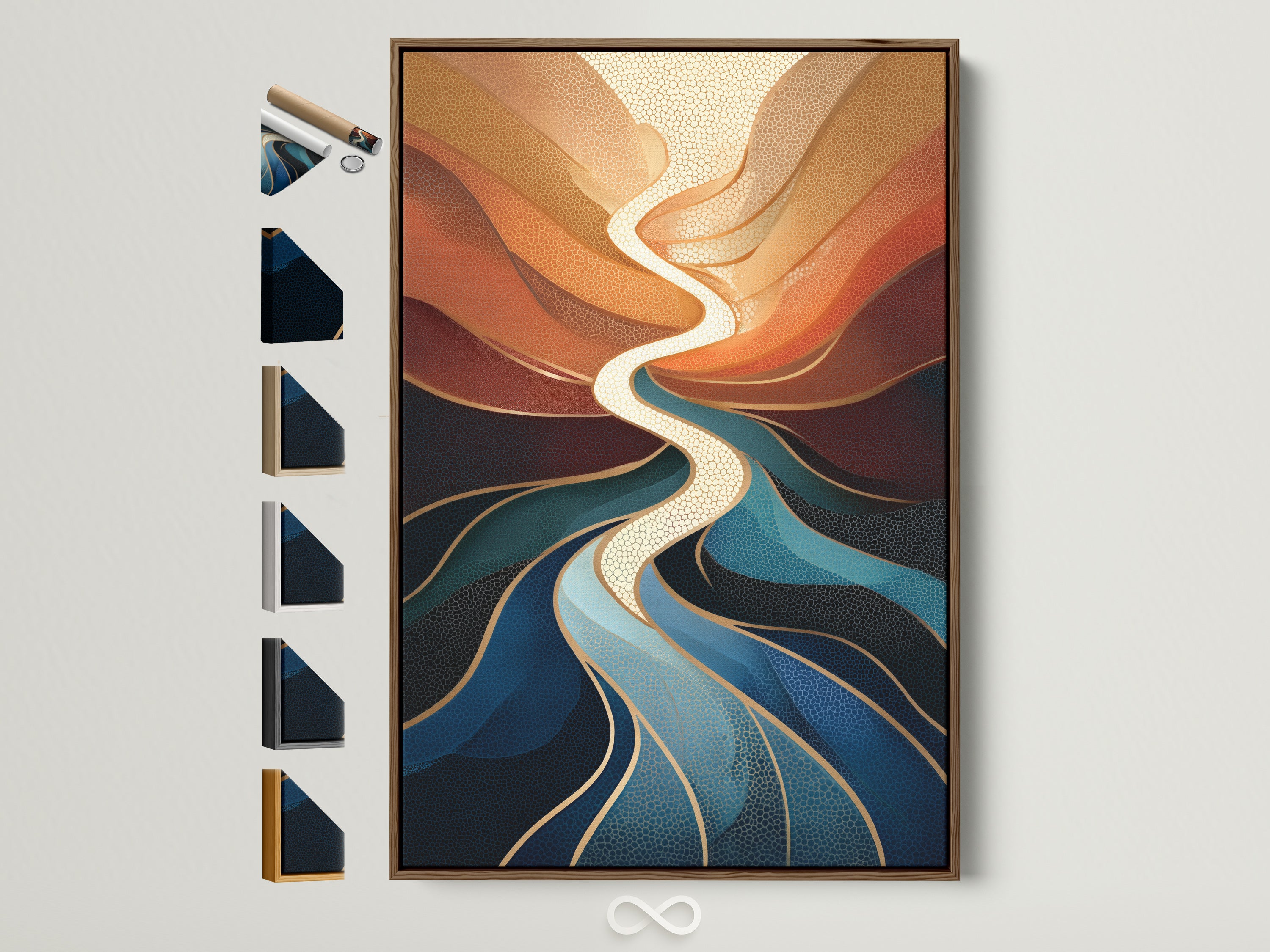 Abstract River Canvas Print in a brown frame. The artwork features flowing teal orange hues. This modern fluid art enhances bedroom decor. See all frame options available for this contemporary home artwork.