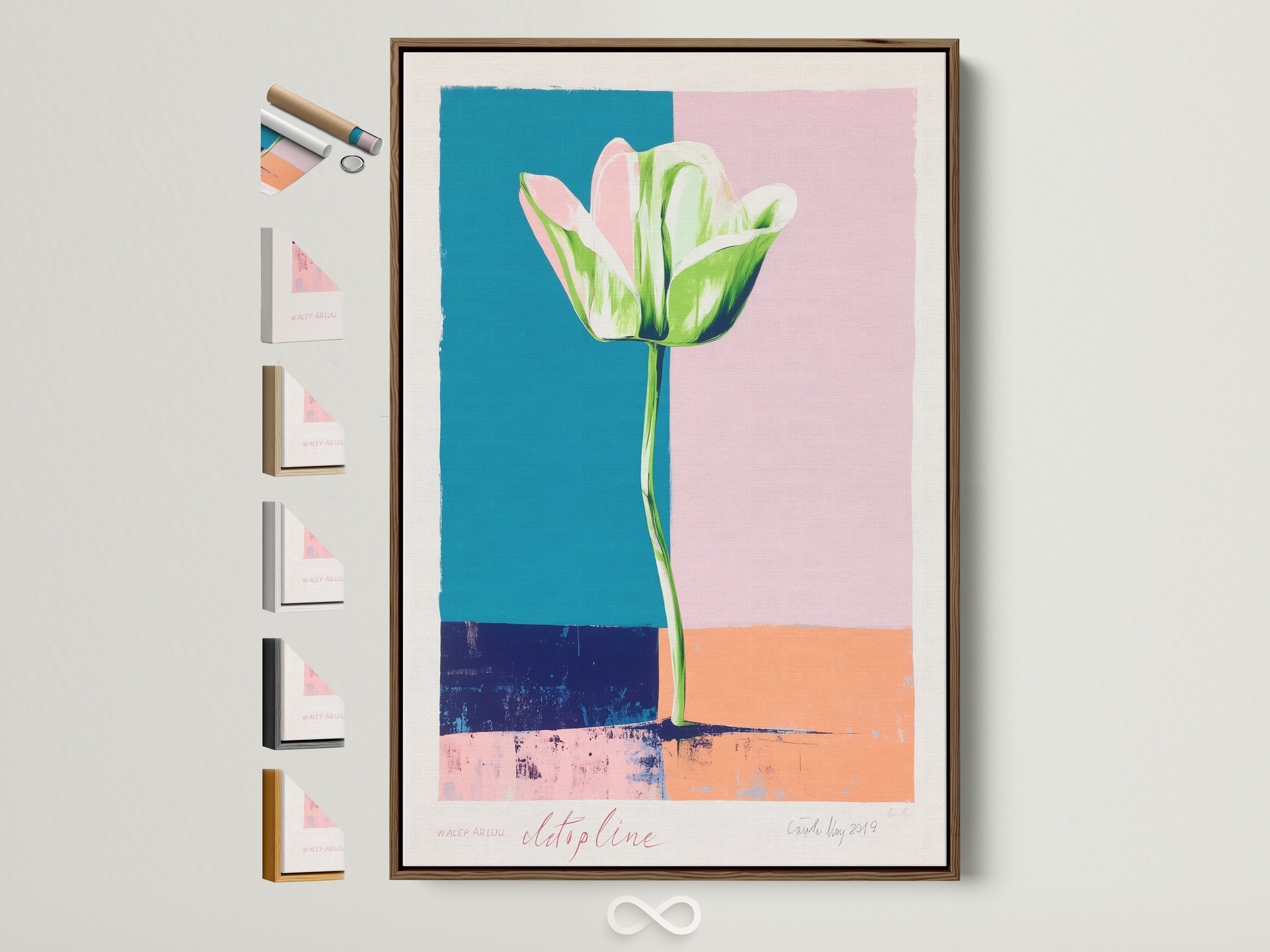 Abstract floral art print featuring a single tulip flower in pastel colors. The artwork is framed in a natural brown wood frame. Various frame options are displayed. Perfect Scandinavian decor for a serene home atmosphere.