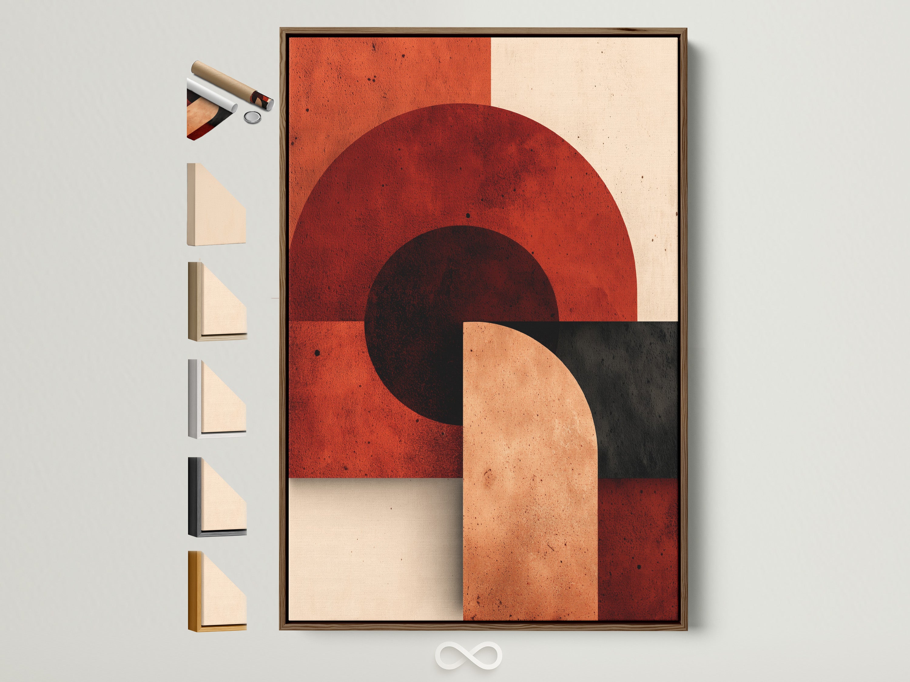 A captivating artwork is showcased in a brown frame. All frame options are visible on the side. This allows for easy comparison. Explore various framing styles to perfectly complement your artwork. Find the ideal frame to enhance your space.