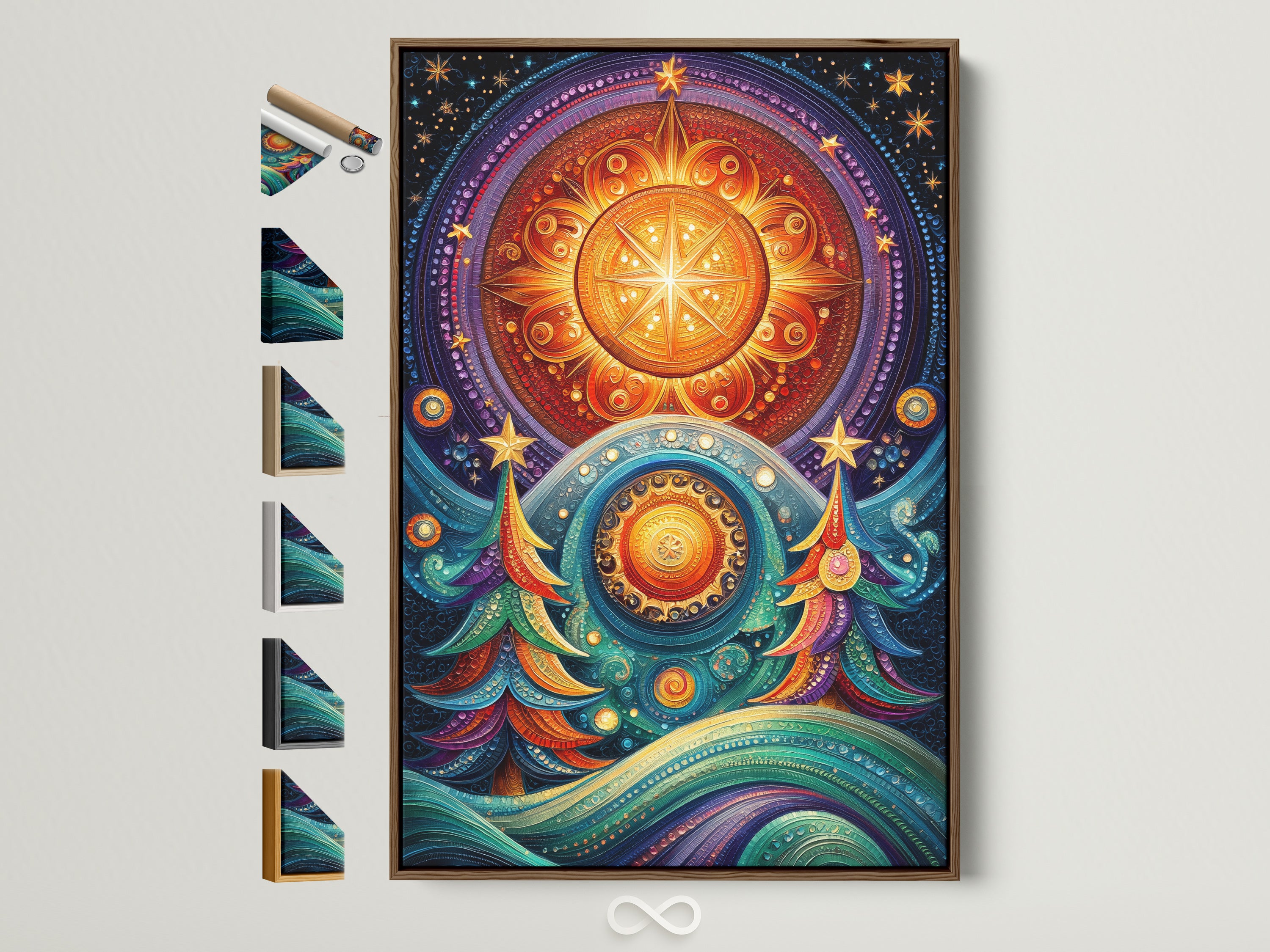 Boho Mandala Wall Art with celestial tree in a brown frame. Various frame options are displayed beside it. The artwork features colorful starry night elements. Perfect bohemian decor for meditation spaces. Add vibrant cosmic wall art to your home.