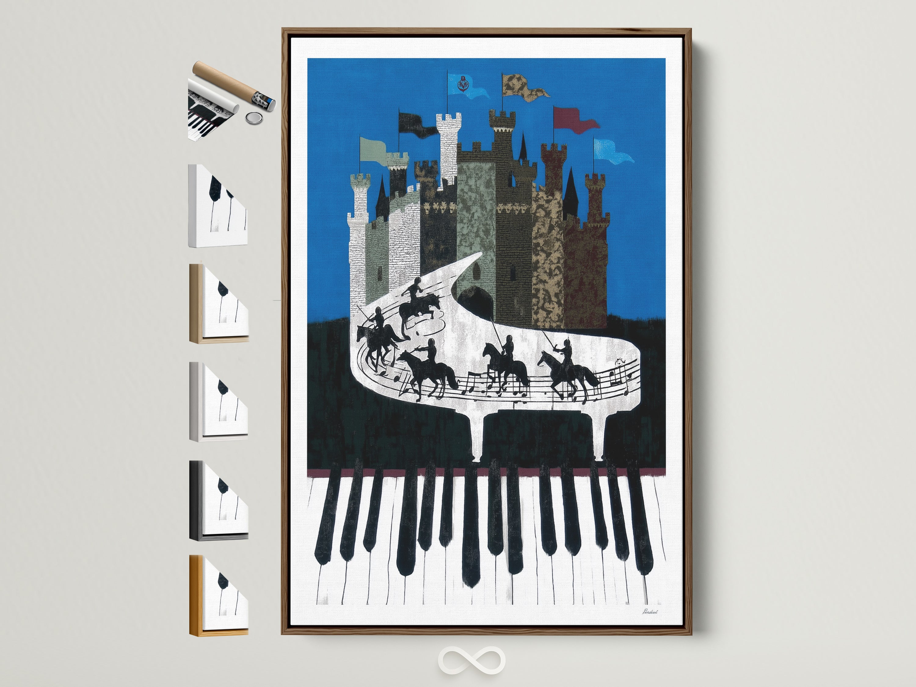 Piano Castle artwork in a brown frame. The artwork features a whimsical castle atop a piano keyboard. Knights ride across the piano keys. Frame options are displayed on the side. Perfect music room wall decor. A unique gift for music lovers and art collectors.