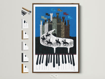 Piano Castle artwork in a brown frame. The artwork features a whimsical castle atop a piano keyboard. Knights ride across the piano keys. Frame options are displayed on the side. Perfect music room wall decor. A unique gift for music lovers and art collectors.