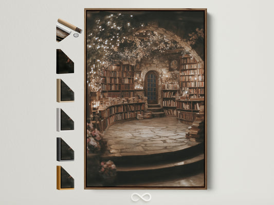 Victorian Library Bookcase Artwork with a brown frame. This fairytale book nook wall art adds magical academia to any study room. The warm-toned art creates a cozy reading room ambiance. Discover vintage library charm with this unique piece.