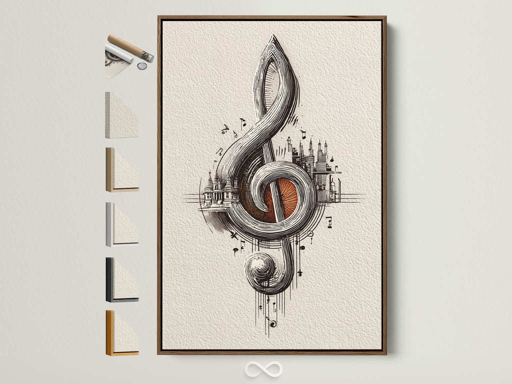 Framed treble clef artwork with a brown frame. Explore frame options for this music city wall art.  Perfect ornate musical note poster for a music room or musician gift. Find the ideal frame to complement your music themed decor.