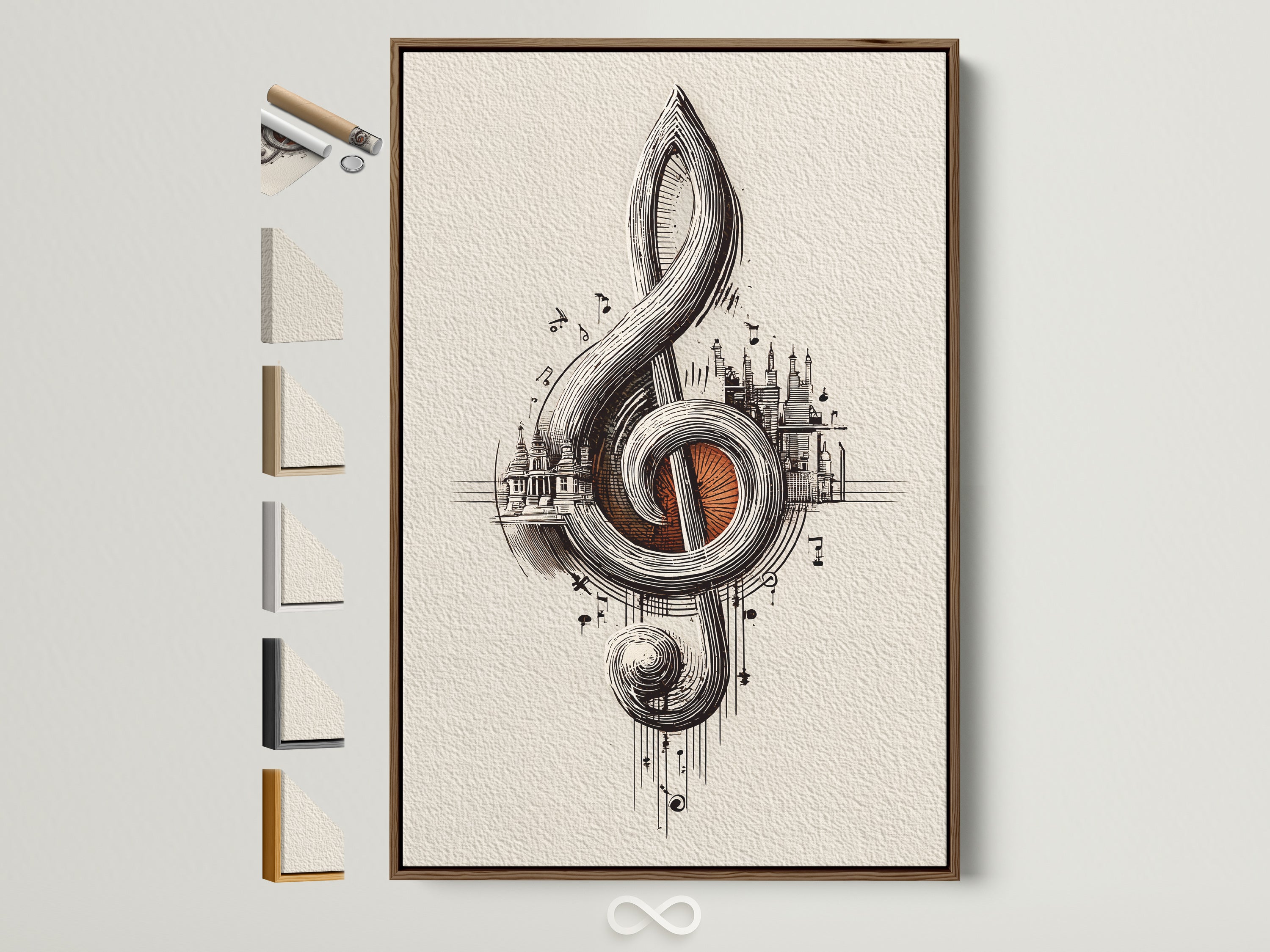 Framed treble clef artwork with a brown frame. Explore frame options for this music city wall art.  Perfect ornate musical note poster for a music room or musician gift. Find the ideal frame to complement your music themed decor.