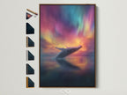 Artwork featuring a whale breaching under the northern lights. The art is displayed in a brown frame. All frame options are showcased beside it. A perfect addition to any art collection. This framed art brings a touch of nature indoors.