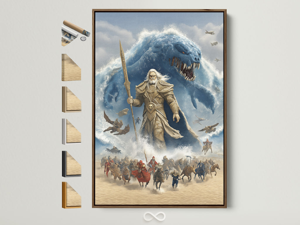 Norse Mythology Wall Artwork with Poseidon Sea God Canvas Print. The artwork is framed in a brown frame. On the side you can see all the frame options available to choose from. A great piece for game room decor or military base art.