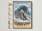 Norse Mythology Wall Artwork with Poseidon Sea God Canvas Print. The artwork is framed in a brown frame. On the side you can see all the frame options available to choose from. A great piece for game room decor or military base art.