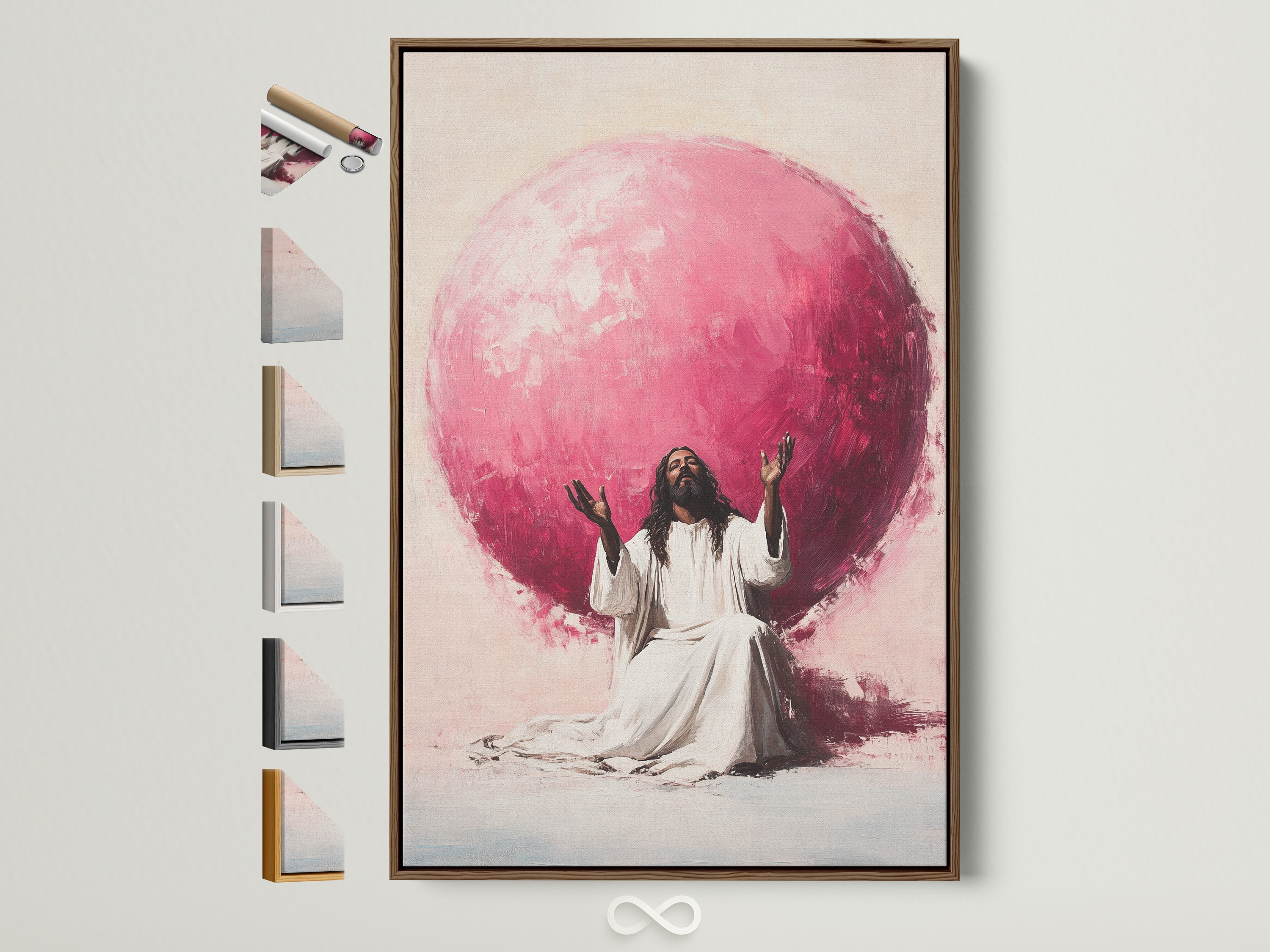 Explore our frame options. This image shows a brown frame. All frame choices are displayed on the side. Find the perfect frame for your artwork. Elevate your space with our beautiful frames.