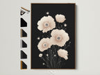 Beige Poppy Flower Artwork in a Brown Frame. This minimalist botanical art print adds a touch of Scandinavian elegance to any room. Frame options are displayed on the side. The neutral tones and delicate floral design make it ideal for bedroom wall decor or living room art.