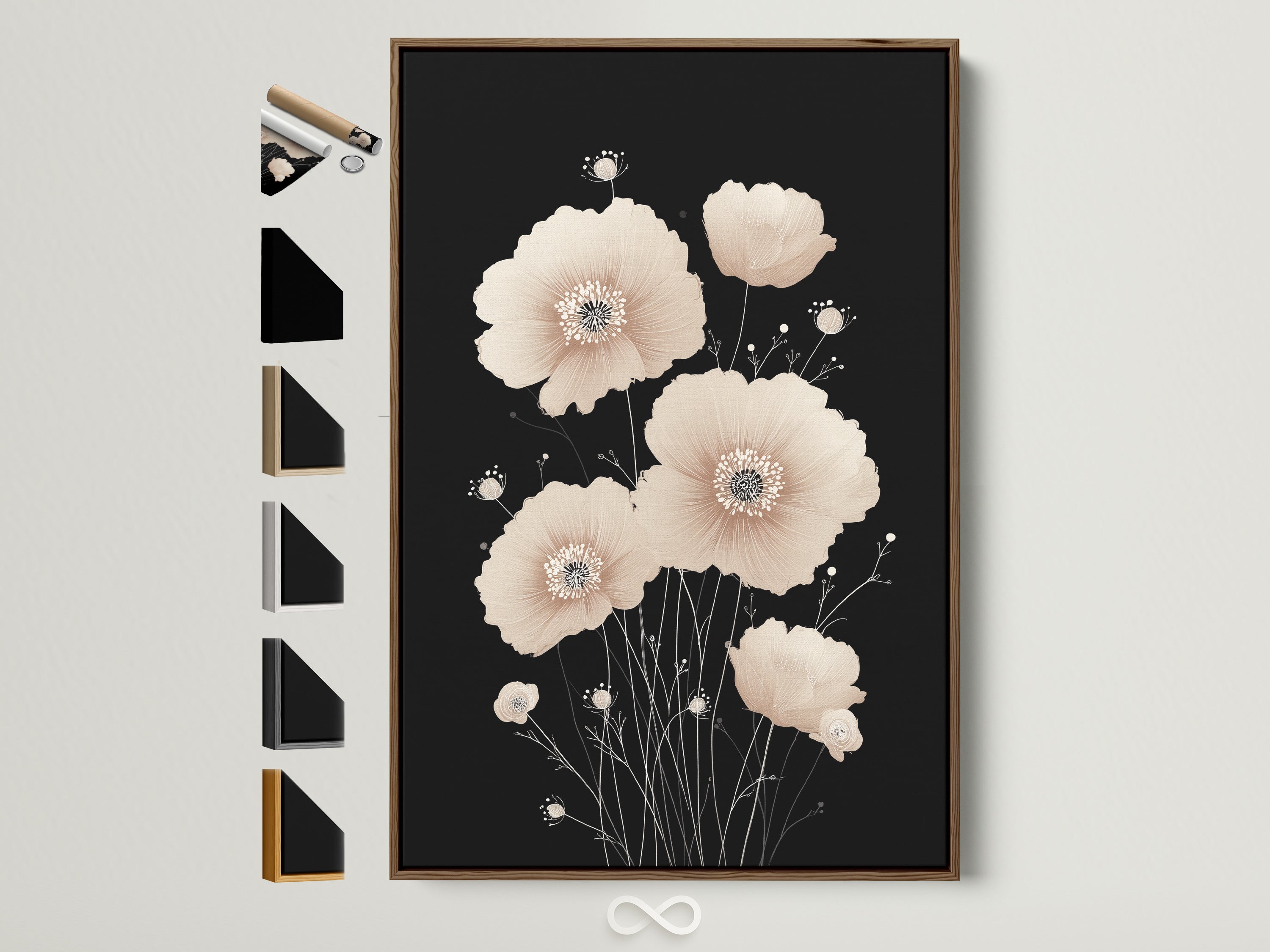Beige Poppy Flower Artwork in a Brown Frame. This minimalist botanical art print adds a touch of Scandinavian elegance to any room. Frame options are displayed on the side. The neutral tones and delicate floral design make it ideal for bedroom wall decor or living room art.