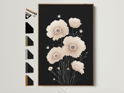 Beige Poppy Flower Artwork in a Brown Frame. This minimalist botanical art print adds a touch of Scandinavian elegance to any room. Frame options are displayed on the side. The neutral tones and delicate floral design make it ideal for bedroom wall decor or living room art.
