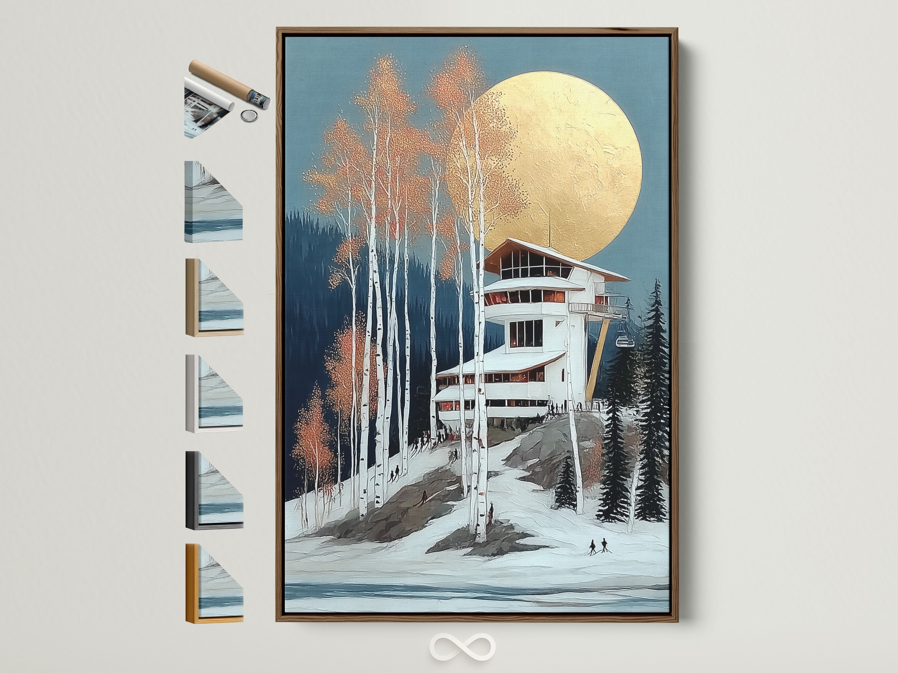 Winter Ski Lodge art print in a brown frame. All frame options are displayed. Perfect modern alpine wall art for a cozy ski chalet. The print features a snowy mountain scene. It enhances bedroom decor with a touch of winter charm. A stylish piece for mountain homes and rustic interiors.