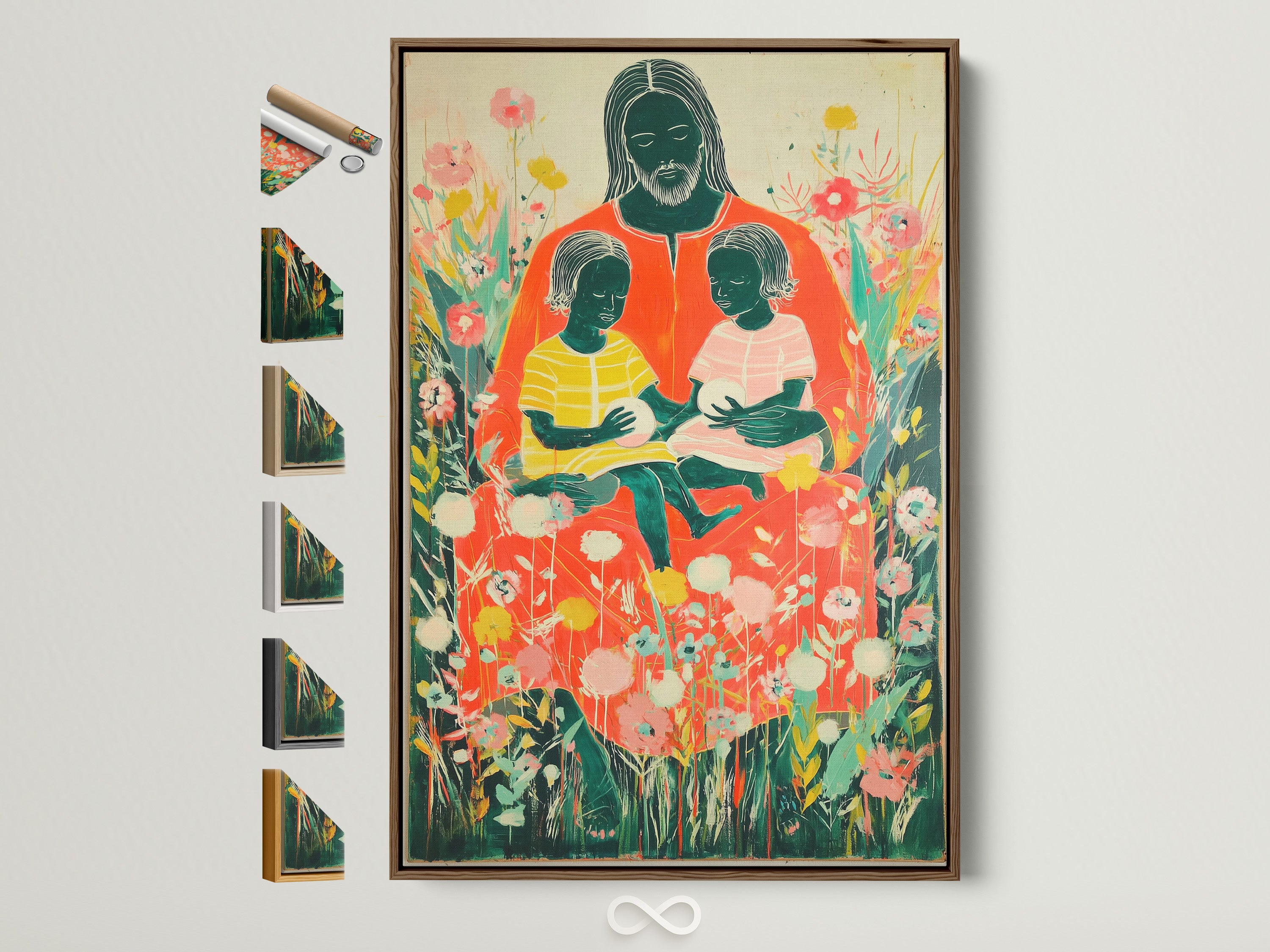 Explore framing options for your art. This photo showcases a brown frame. All frame styles are displayed on the side. Find the perfect frame to complement your artwork and home decor. Choose from a variety of colors and materials. Elevate your art with our premium framing solutions.