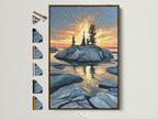 Coastal Sunset artwork in a brown frame. All frame options are displayed on the side. Golden hour seascape photography brings a calming nature-inspired style. Perfect wall art for living rooms and bedrooms.