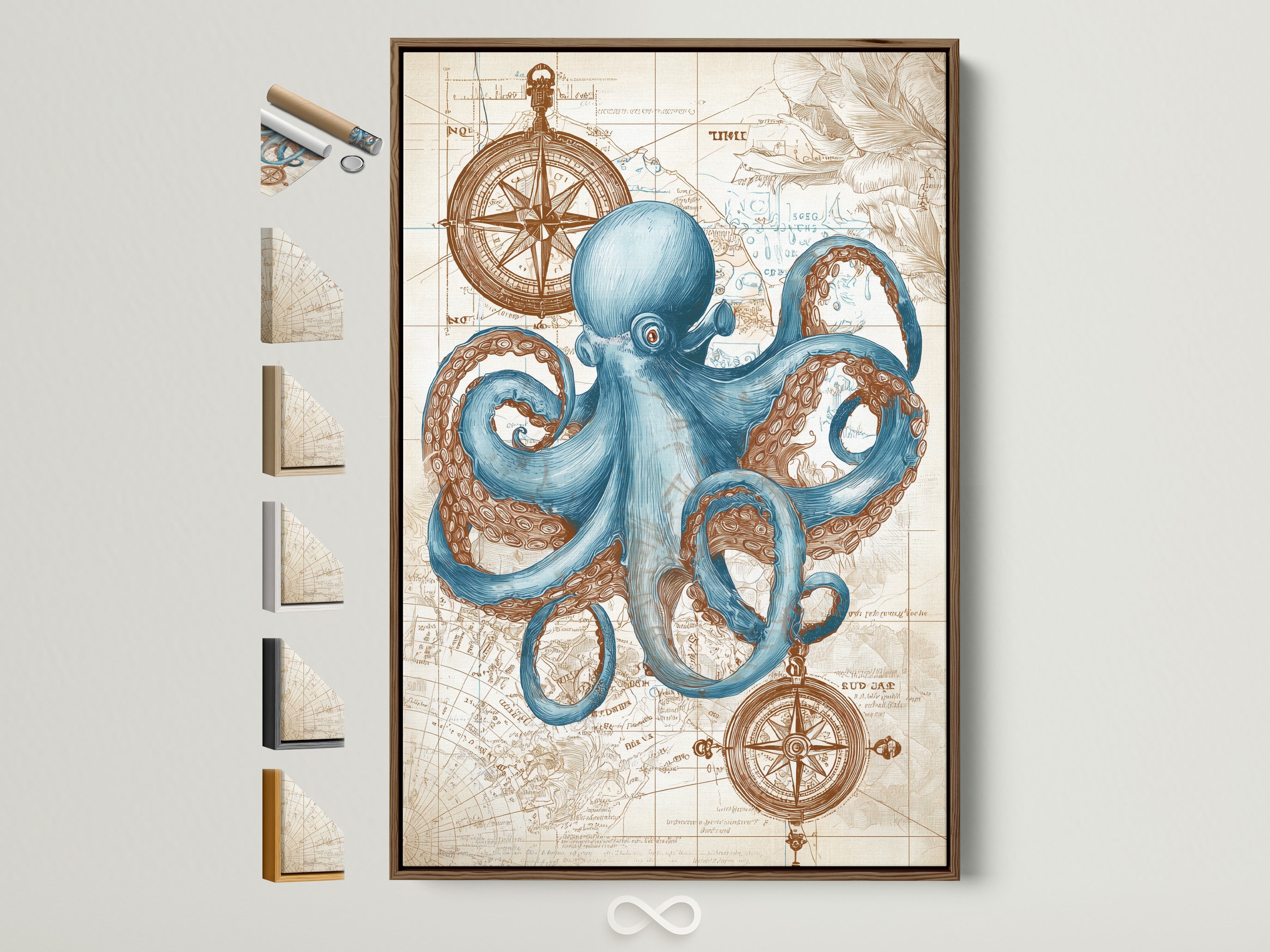 A captivating octopus artwork is displayed in a brown frame. The artwork features a blue octopus with intricate details. A nautical map serves as the background. All frame options are visible on the side. This framed artwork adds a touch of marine charm to any interior. Perfect for ocean lovers and art enthusiasts alike