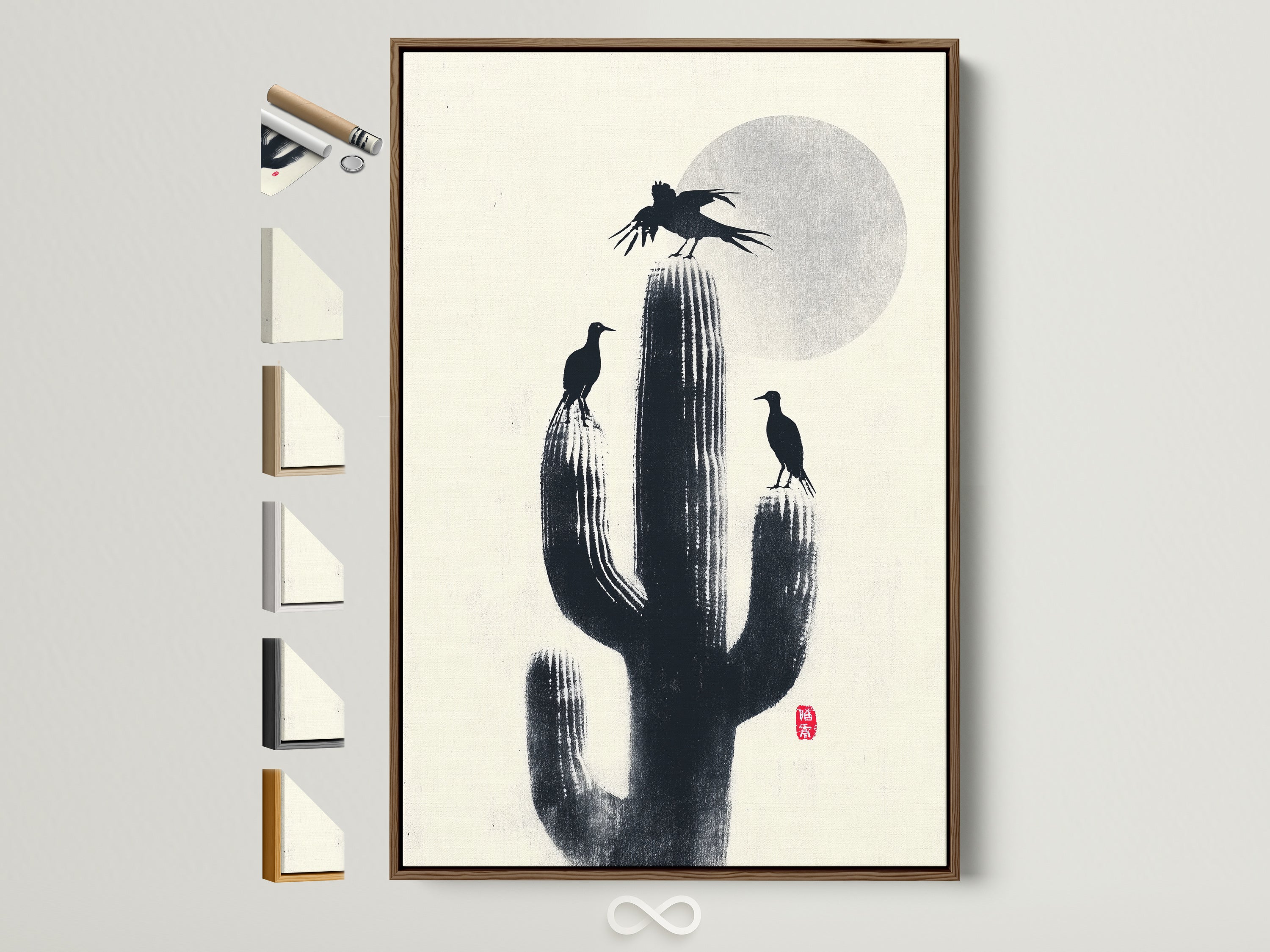 Cactus Birds Canvas Print in a brown frame. Desert silhouette artwork adds southwestern decor to your study room. This nature canvas print features minimalist monochrome art. A zen wall art piece with desert birds.