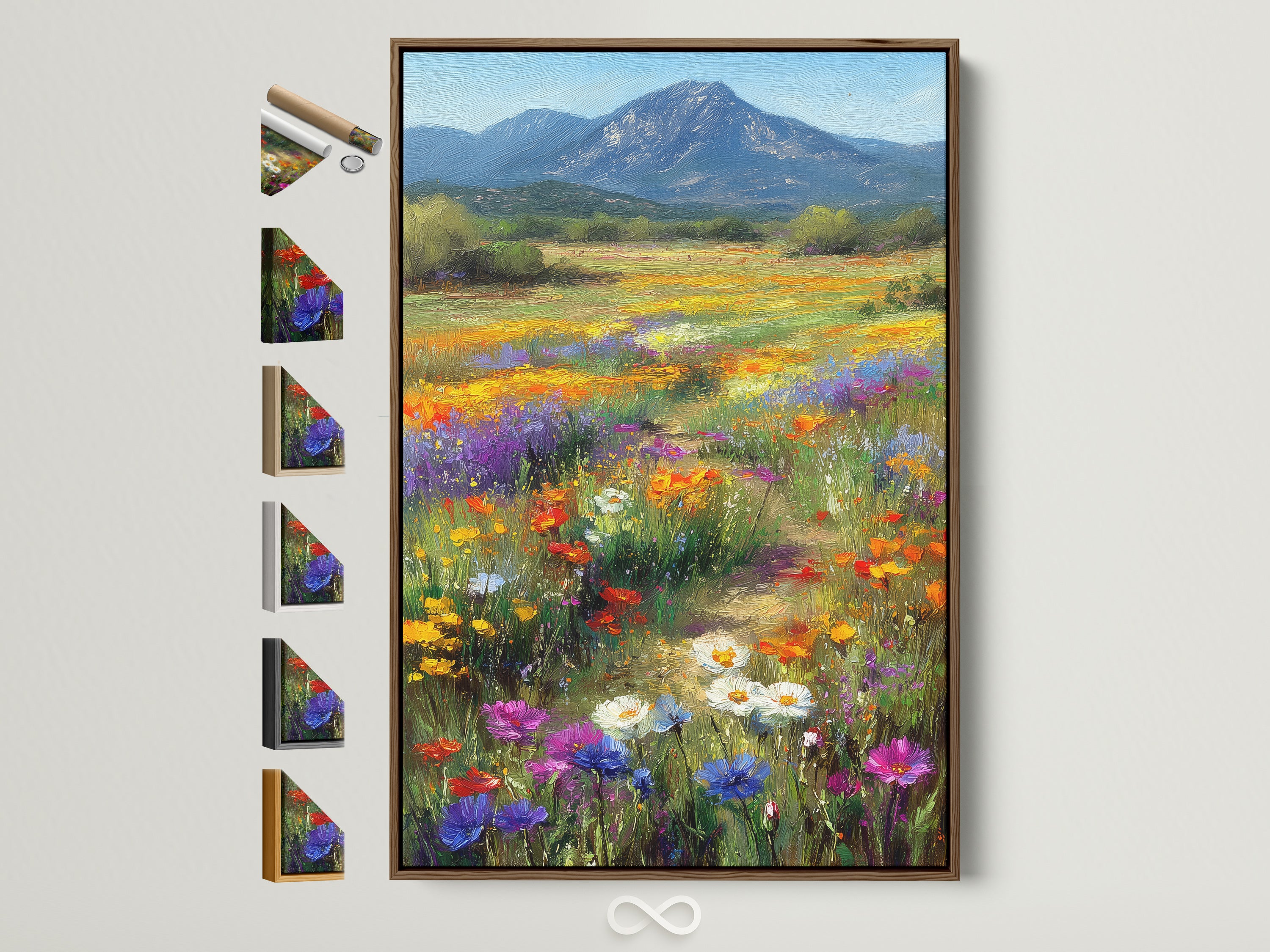 Wildflower meadow art print displayed in a brown frame. The artwork features a colorful mountain landscape. Notice the variety of frame options available. Perfect botanical artwork for bedroom wall decor.