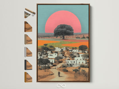 A captivating Indian Village Canvas artwork print in a brown frame is displayed. The frame is surrounded by various frame style options. Perfect for adding global-inspired art to your space. It enhances boho vintage or eclectic styles effortlessly.