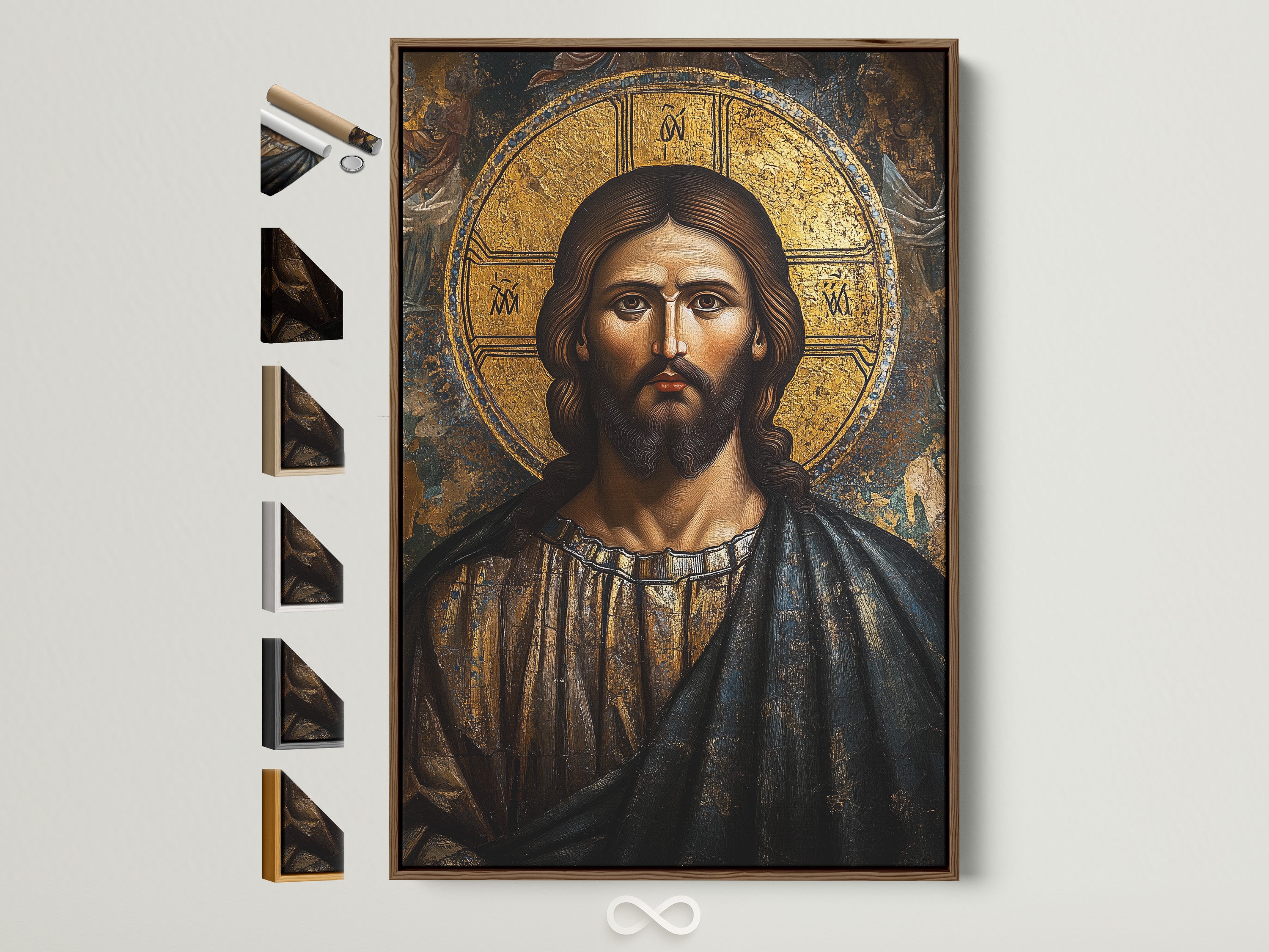 Explore framing options for your artwork. A brown frame displays art with other frame choices on the side. Find the perfect frame to complement your style. Transform your space with our curated selection of frames.