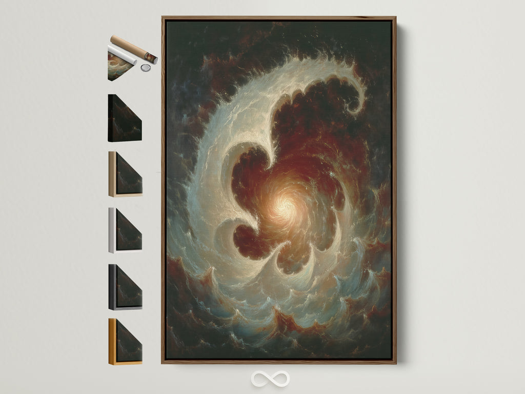 Celestial Vortex abstract galaxy wall art is displayed in a brown frame. Frame samples are displayed on the side. It is ideal for dark academia or a student room. The moody tones create a unique focal point.