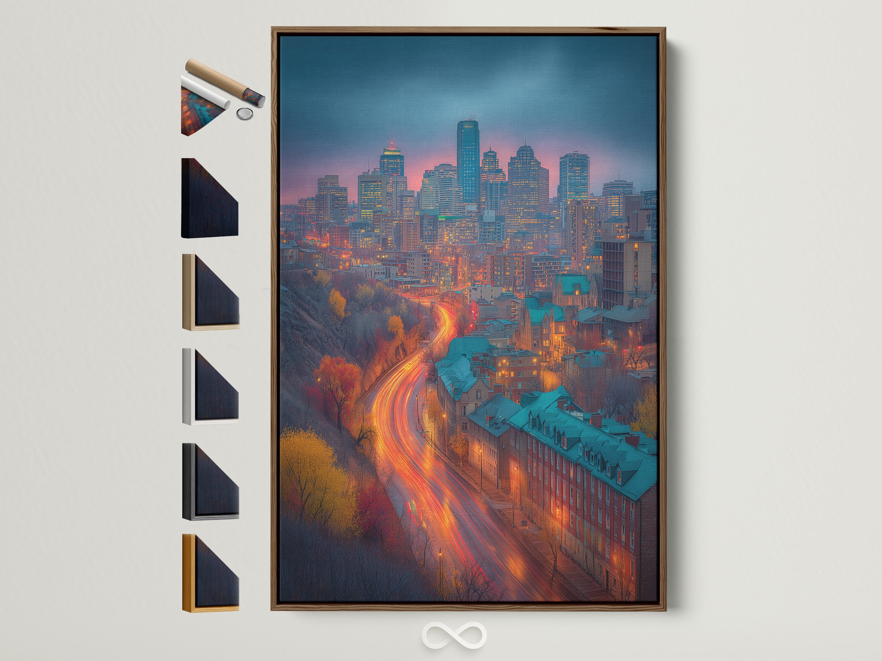 Cityscape wall art with an urban canvas print. The skyline photography captures teal and orange hues. The artwork is framed in a brown frame. Frame options are displayed on the side. Perfect for adding urban elegance to any space
