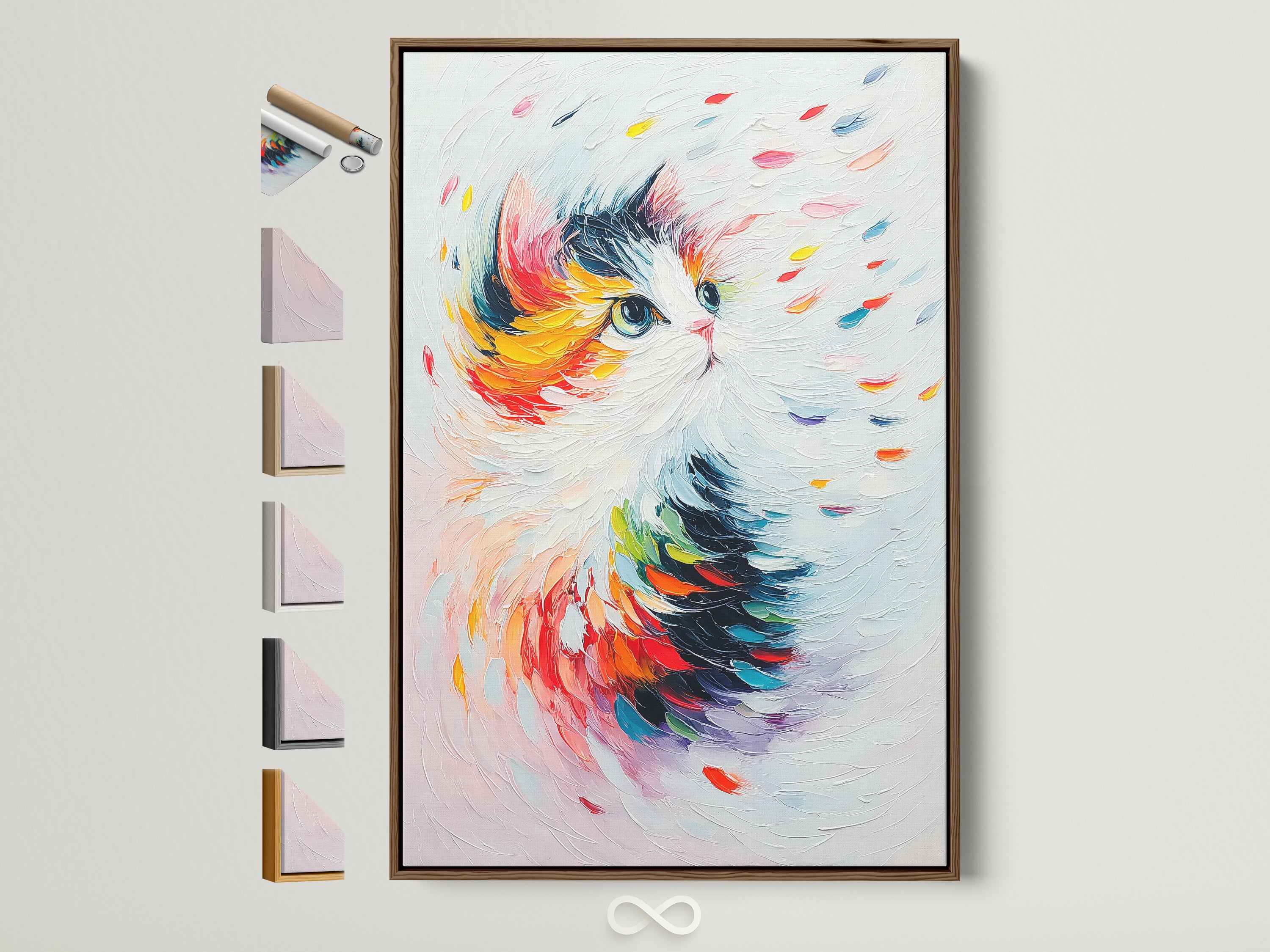A vibrant cat art print is displayed in a brown frame. Various frame options are showcased beside it. This colorful abstract feline canvas artwork is perfect for adding a whimsical touch. It's ideal for bedroom decor and cat lovers seeking unique pet portraits.