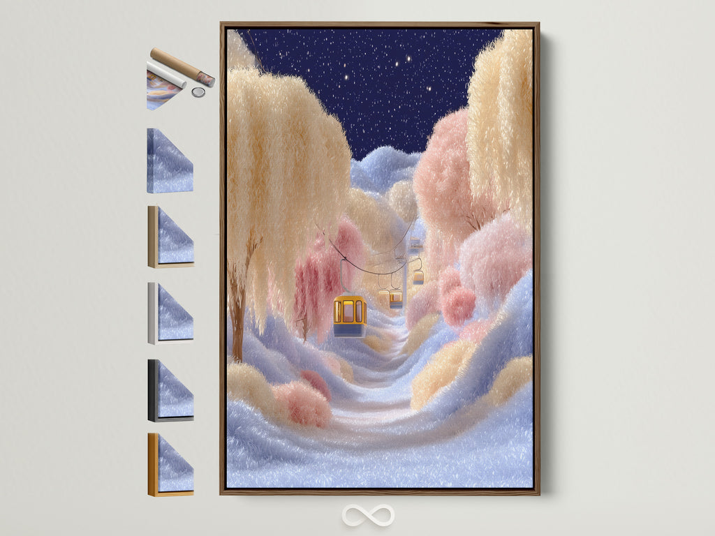 Dreamy Cloud Landscape Art in a brown frame. This whimsical sky canvas print features pastel colors. Perfect fantasy wall art for a nursery or bedroom.  The artwork has frame options displayed on the side.