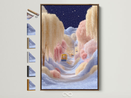 Dreamy Cloud Landscape Art in a brown frame. This whimsical sky canvas print features pastel colors. Perfect fantasy wall art for a nursery or bedroom.  The artwork has frame options displayed on the side.