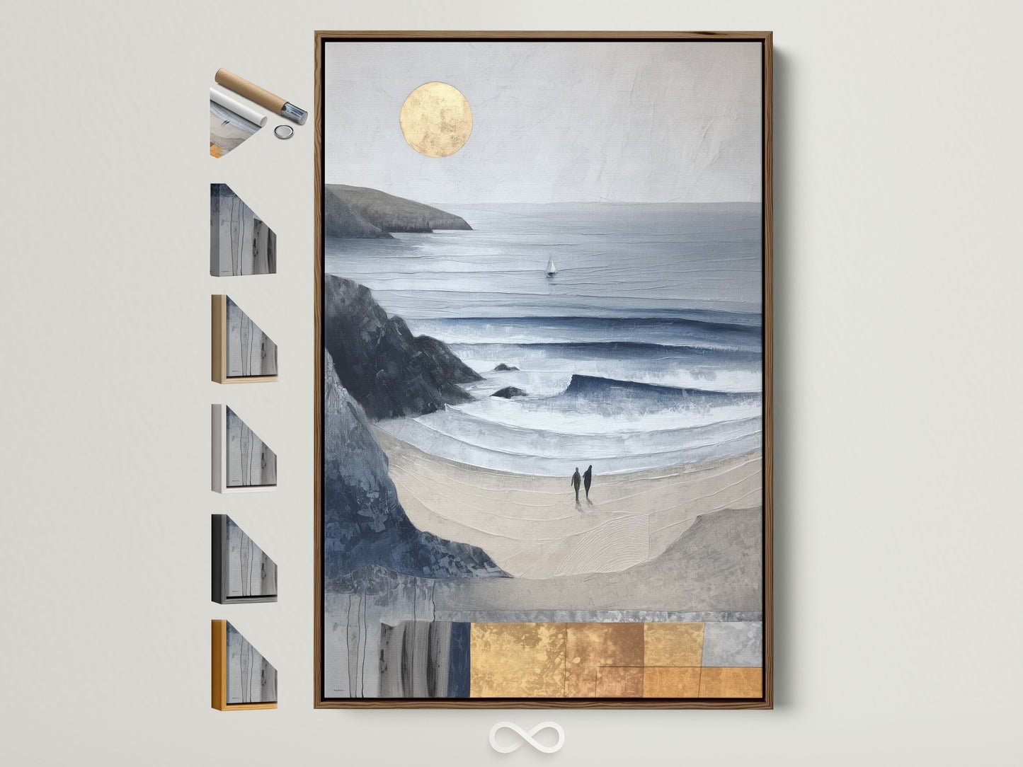 Brown frame displays a coastal seascape artwork. The piece features abstract beach wall art. It's a modern ocean artwork ideal for coastal home decor. Frame options are visible on the side showcasing versatility.