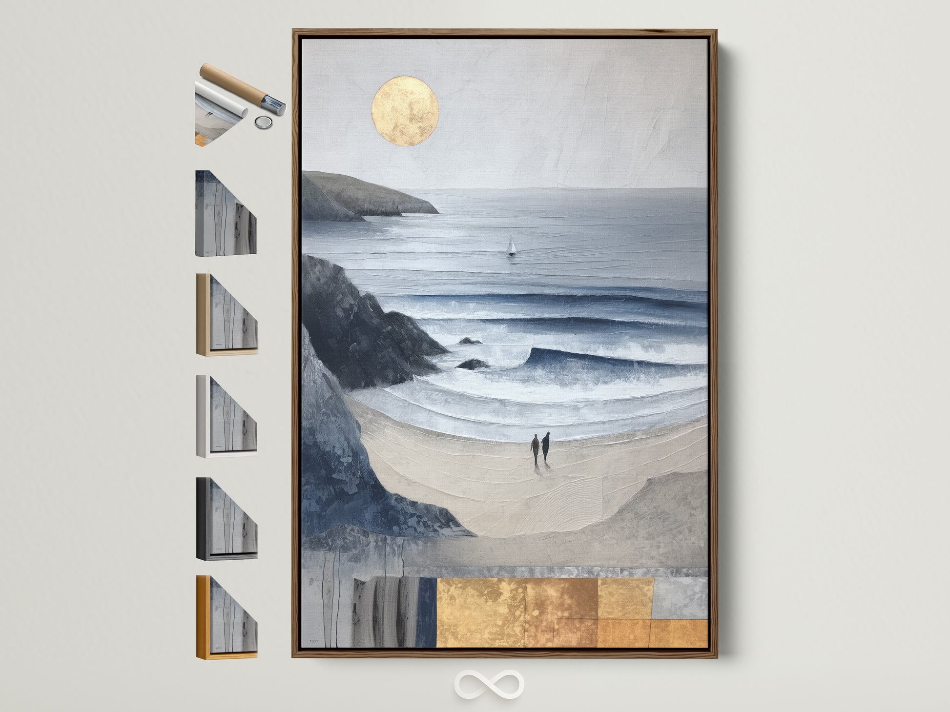 Brown frame displays a coastal seascape artwork. The piece features abstract beach wall art. It's a modern ocean artwork ideal for coastal home decor. Frame options are visible on the side showcasing versatility.