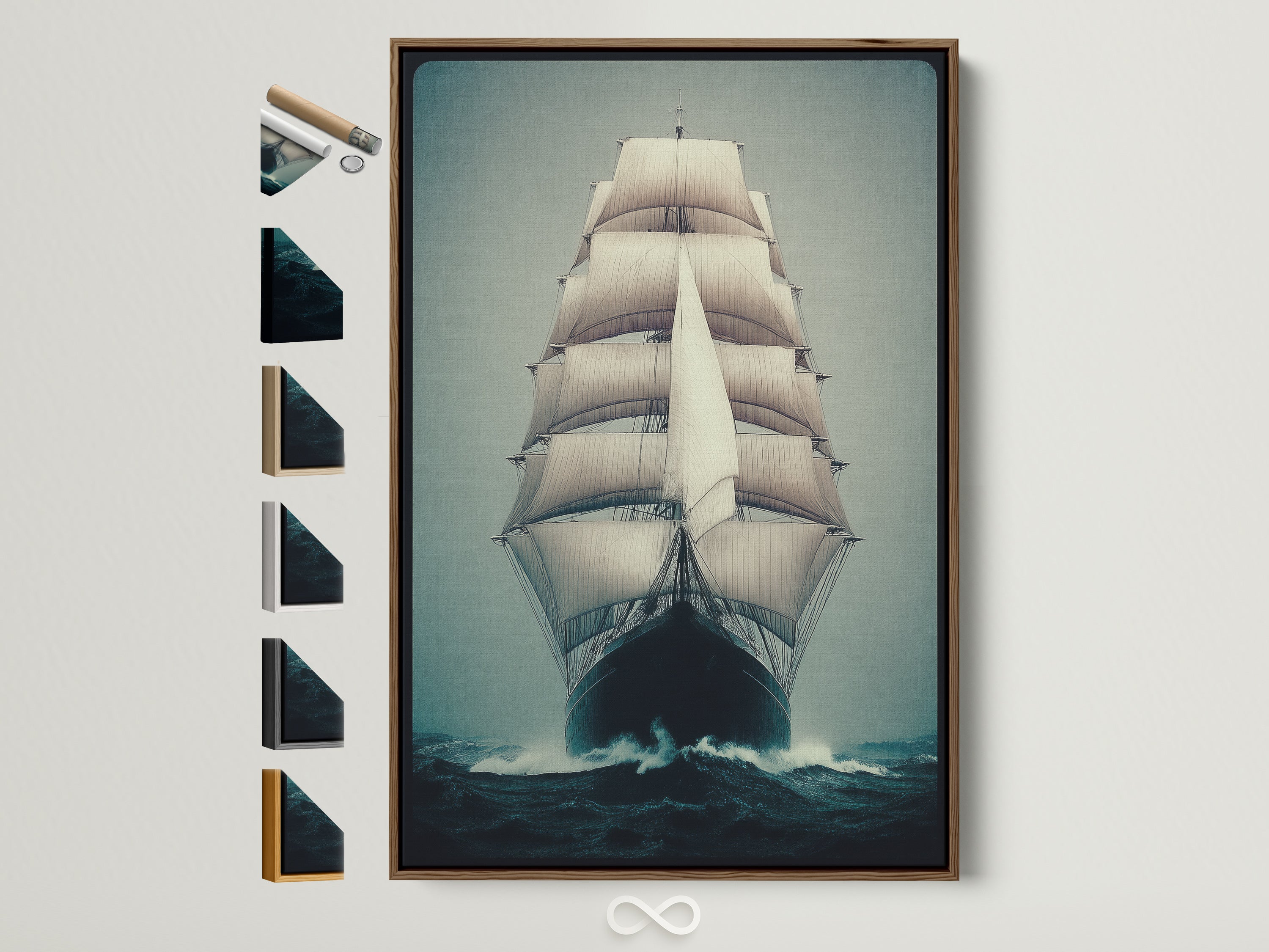 Sailing Ship Canvas Print in a brown frame. Vintage nautical wall art for coastal decor. The ocean vessel poster brings maritime artwork to your space. Perfect navy blue art for sea lovers.