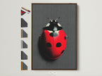 A ladybug art print is displayed in a brown frame. The artwork features a red beetle with black spots against a dark background. See all frame options available for this insect wall art. Perfect entomology decor for a kids room or dorm.