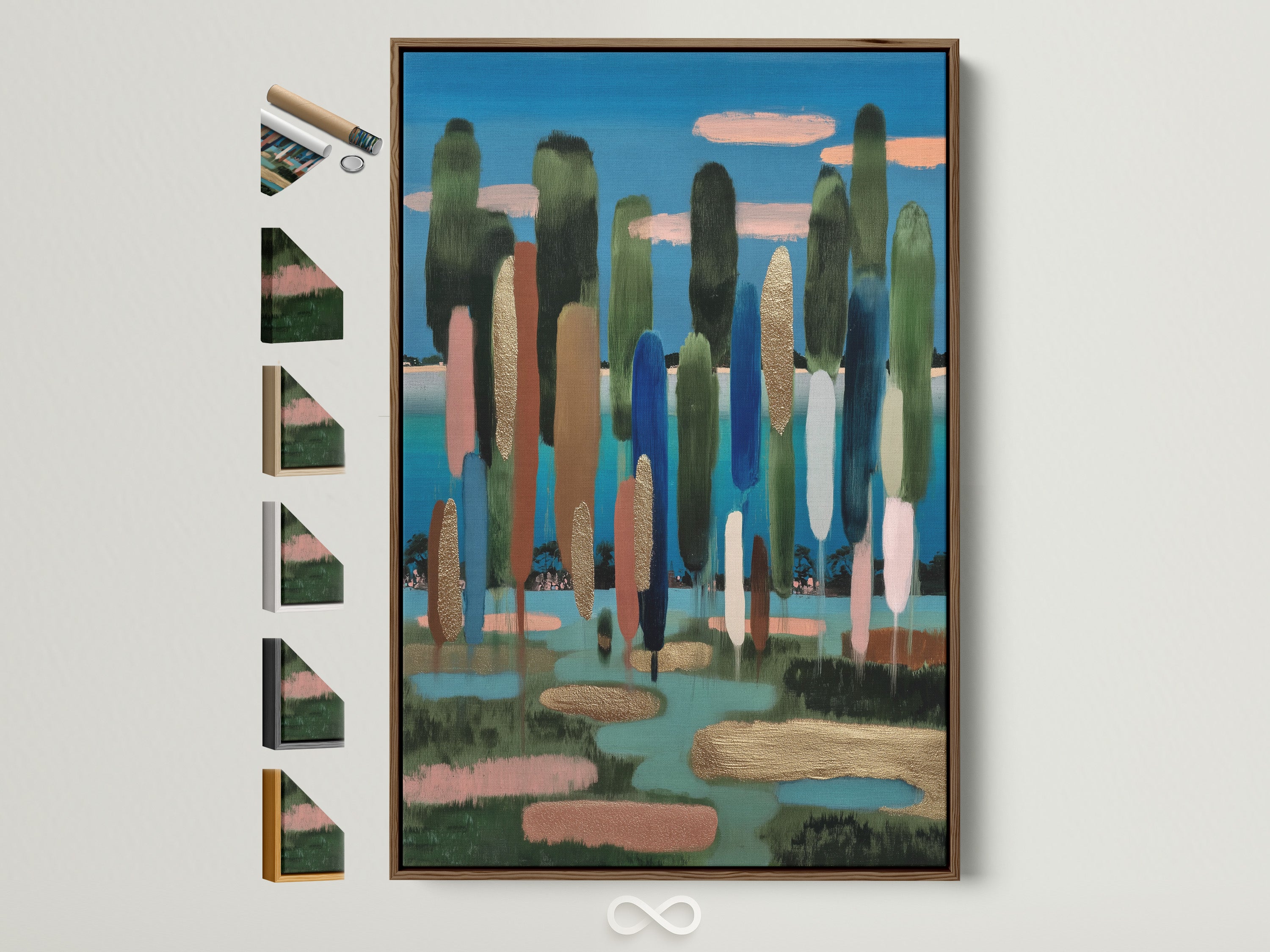 A framed artwork is displayed with various frame options. The brown frame complements the art. Explore frame choices to enhance your artwork. This allows you to customize the presentation to match your style. The artwork itself features a modern abstract theme.