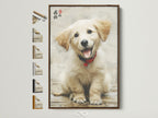 A heartwarming golden retriever puppy art piece displayed in a brown frame. This Asian-style dog canvas print adds a touch of contemporary style to any room. Frame options are visible. It's perfect pet wall art for nursery and bedroom decor. A great gift for dog lovers seeking cute animal artwork.
