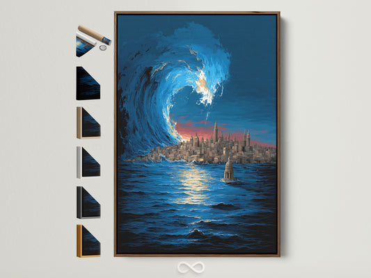 A captivating ocean wave artwork print is displayed in a brown frame. The artwork features a dramatic seascape with the NYC skyline. This wall art option includes various frame choices. Perfect for coastal wall decor and urban art lovers.