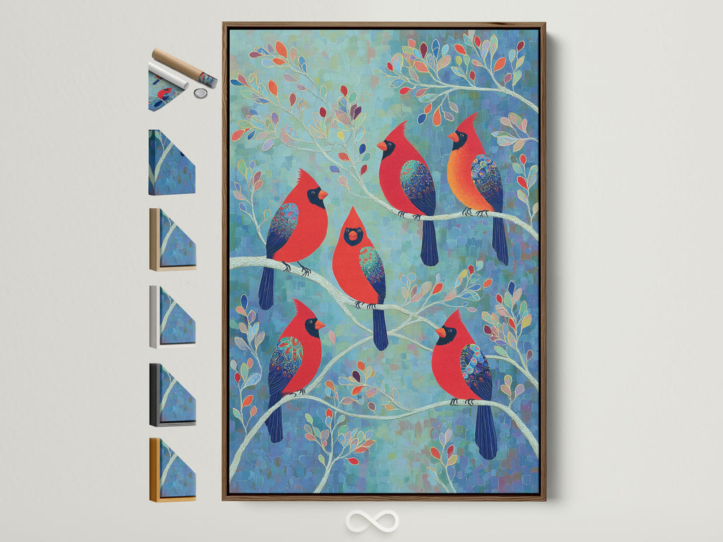 Explore framed options for 'Cardinal Birds' artwork. This brown frame complements the colorful birdwatcher wall art. See various frame styles to enhance your home decor and nature artwork