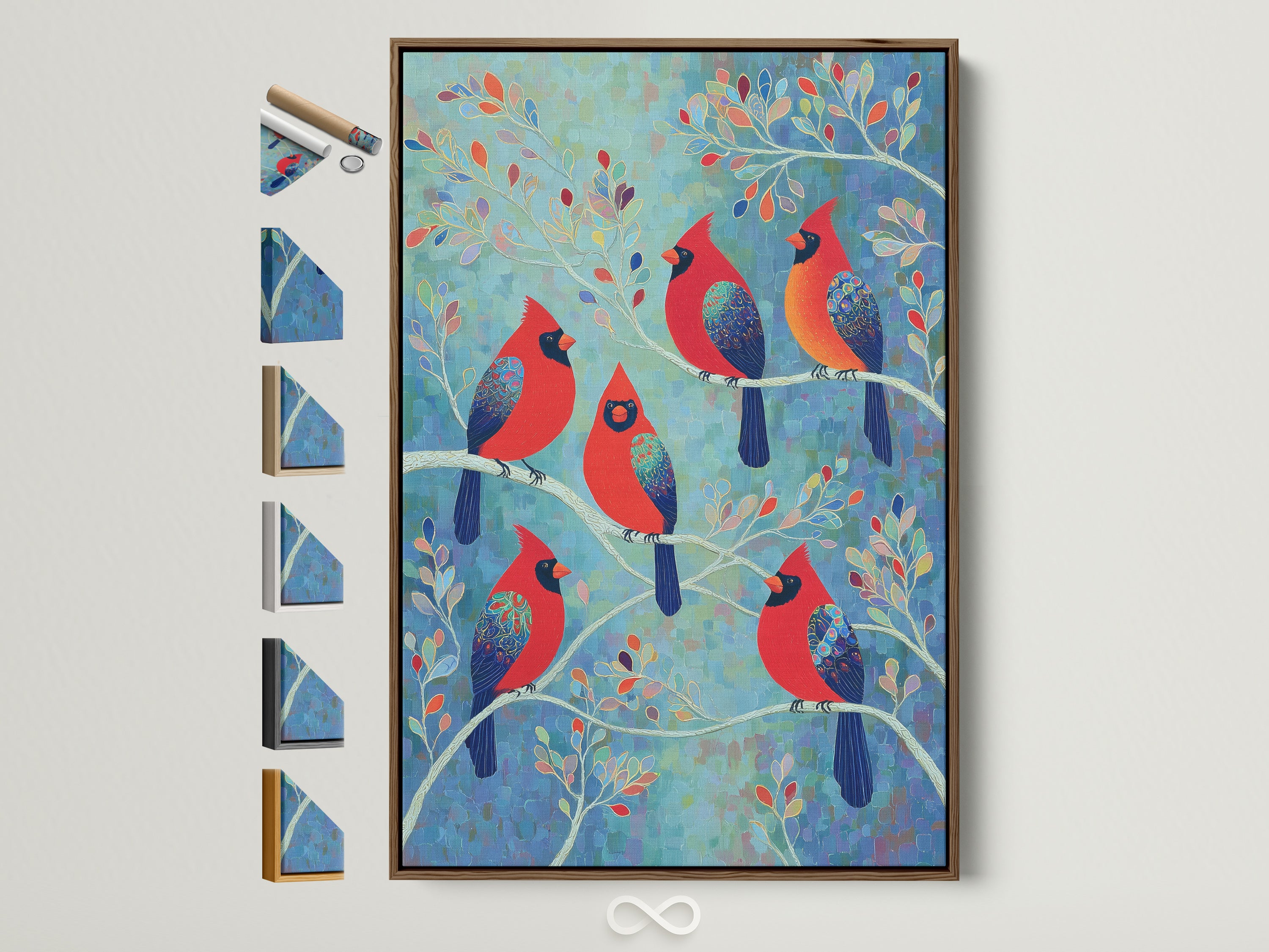 Explore framed options for 'Cardinal Birds' artwork. This brown frame complements the colorful birdwatcher wall art. See various frame styles to enhance your home decor and nature artwork