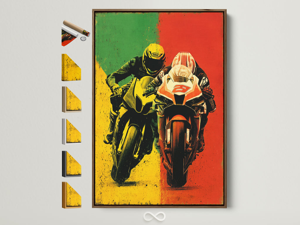 A motorcycle racing canvas print is displayed with a brown frame. The artwork features two sport bikes in a dynamic race scene. All available frame options are showcased on the side. This automotive photography piece is perfect for garage decor or as a biker gift. Elevate your space with this modern racing artwork.