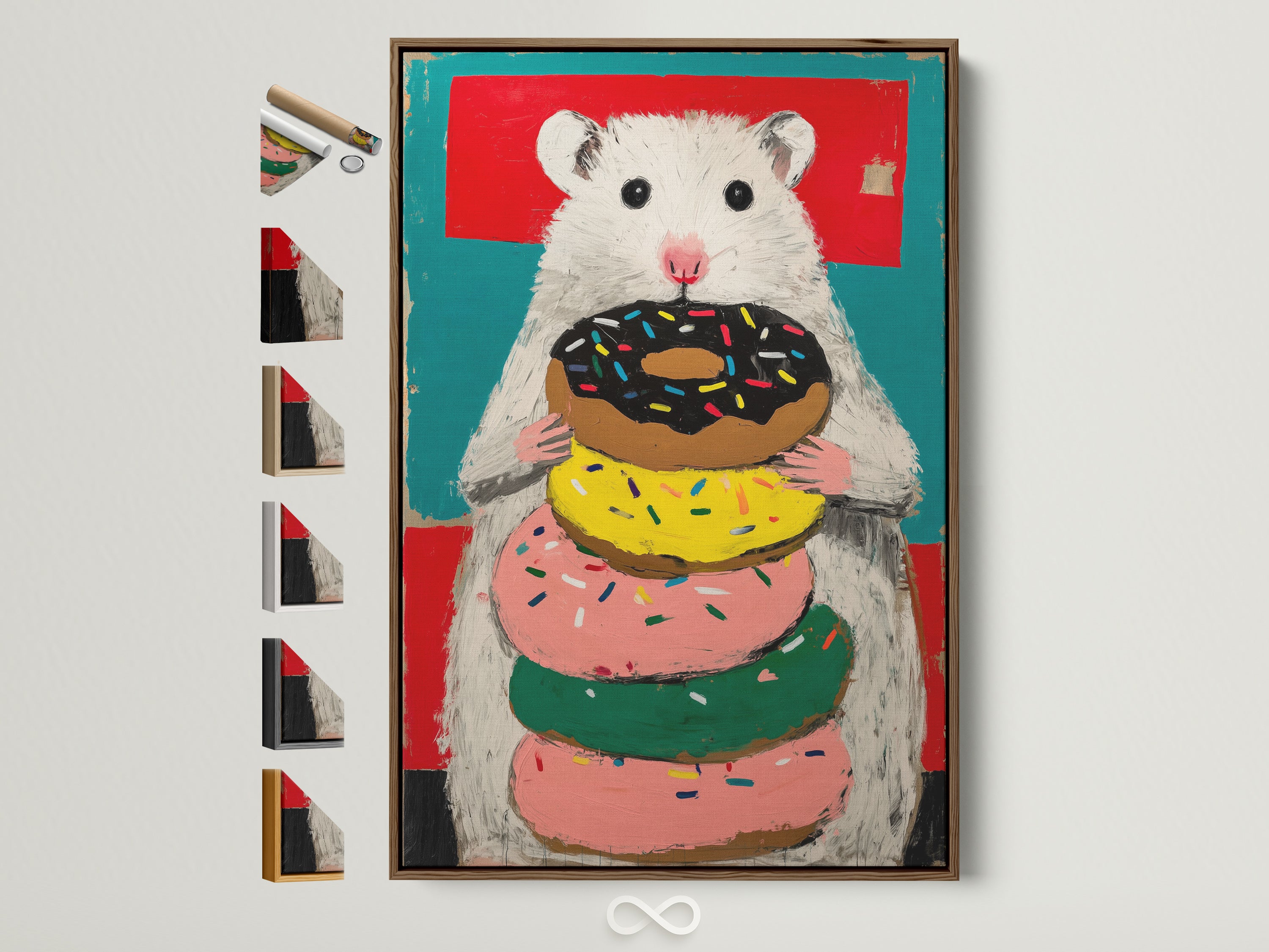 Hamster with Donuts artwork in a brown frame. This cute animal canvas adds colorful charm to any room. See all frame options available. Great for kids room art or quirky home decor.
