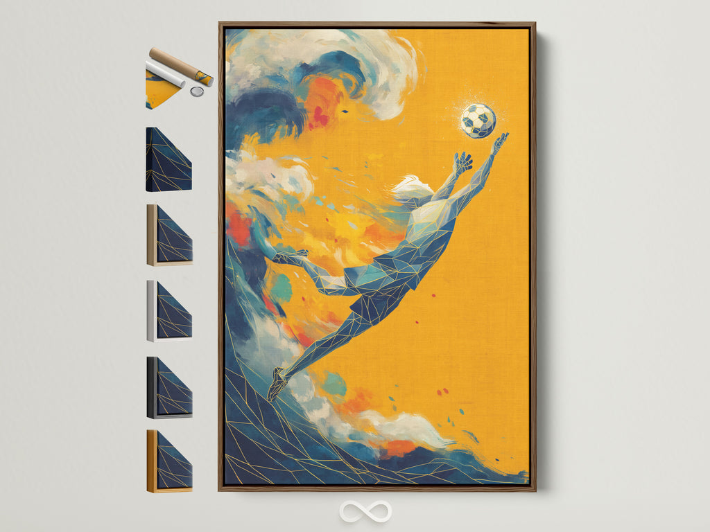 Modern soccer art print in a brown frame. The artwork features an abstract football player leaping to catch the ball. Contemporary sports wall art for teen bedroom decor. All available frame options are displayed on the side.