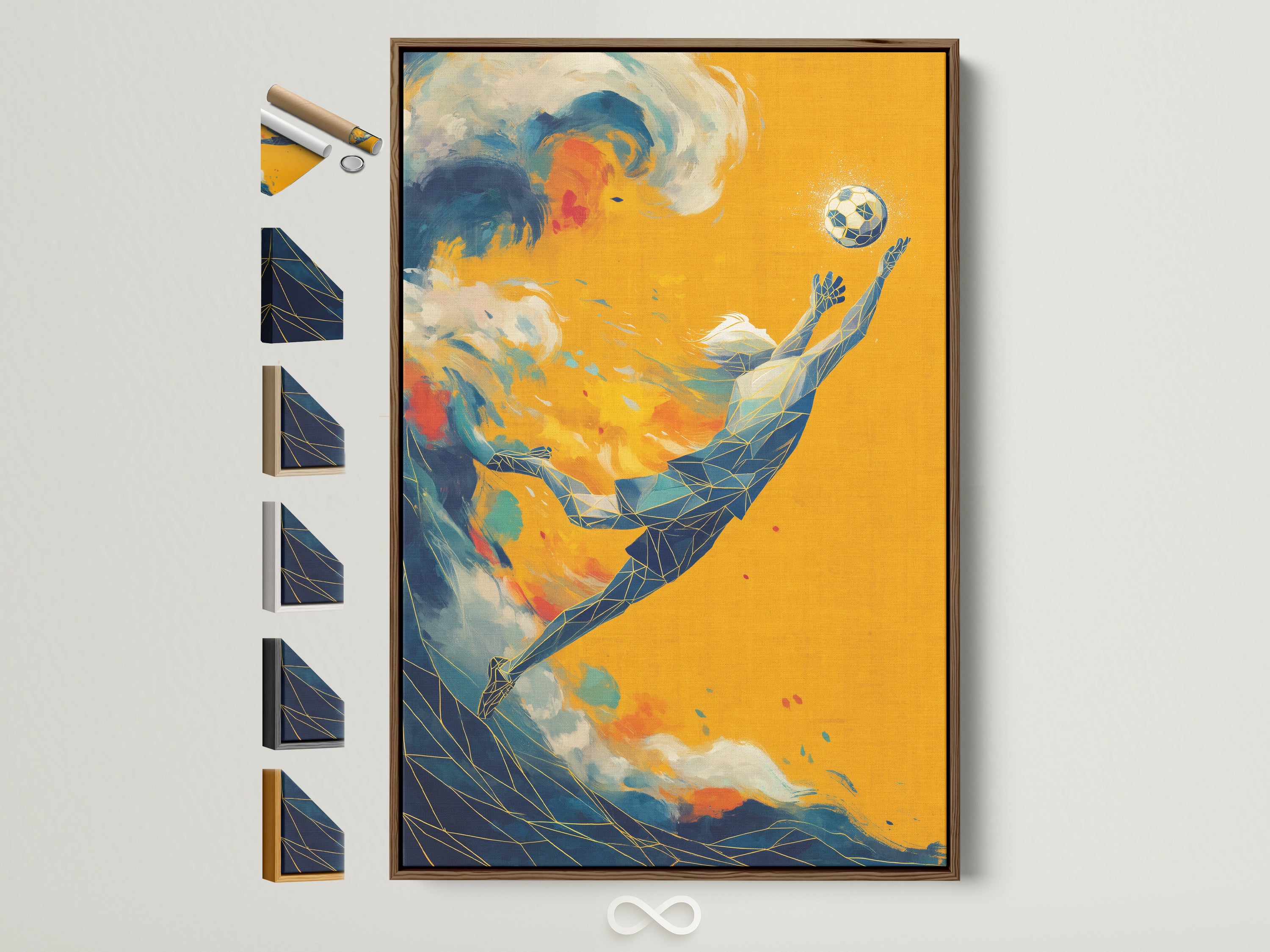 Modern soccer art print in a brown frame. The artwork features an abstract football player leaping to catch the ball. Contemporary sports wall art for teen bedroom decor. All available frame options are displayed on the side.