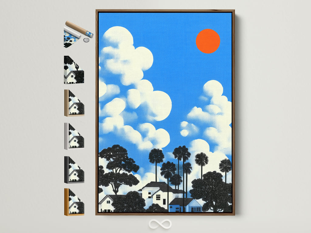 Artwork showcasing various frame options. A brown frame surrounds a vibrant art print. See all frame styles available. Perfect house canvas art for retro pop art lovers.