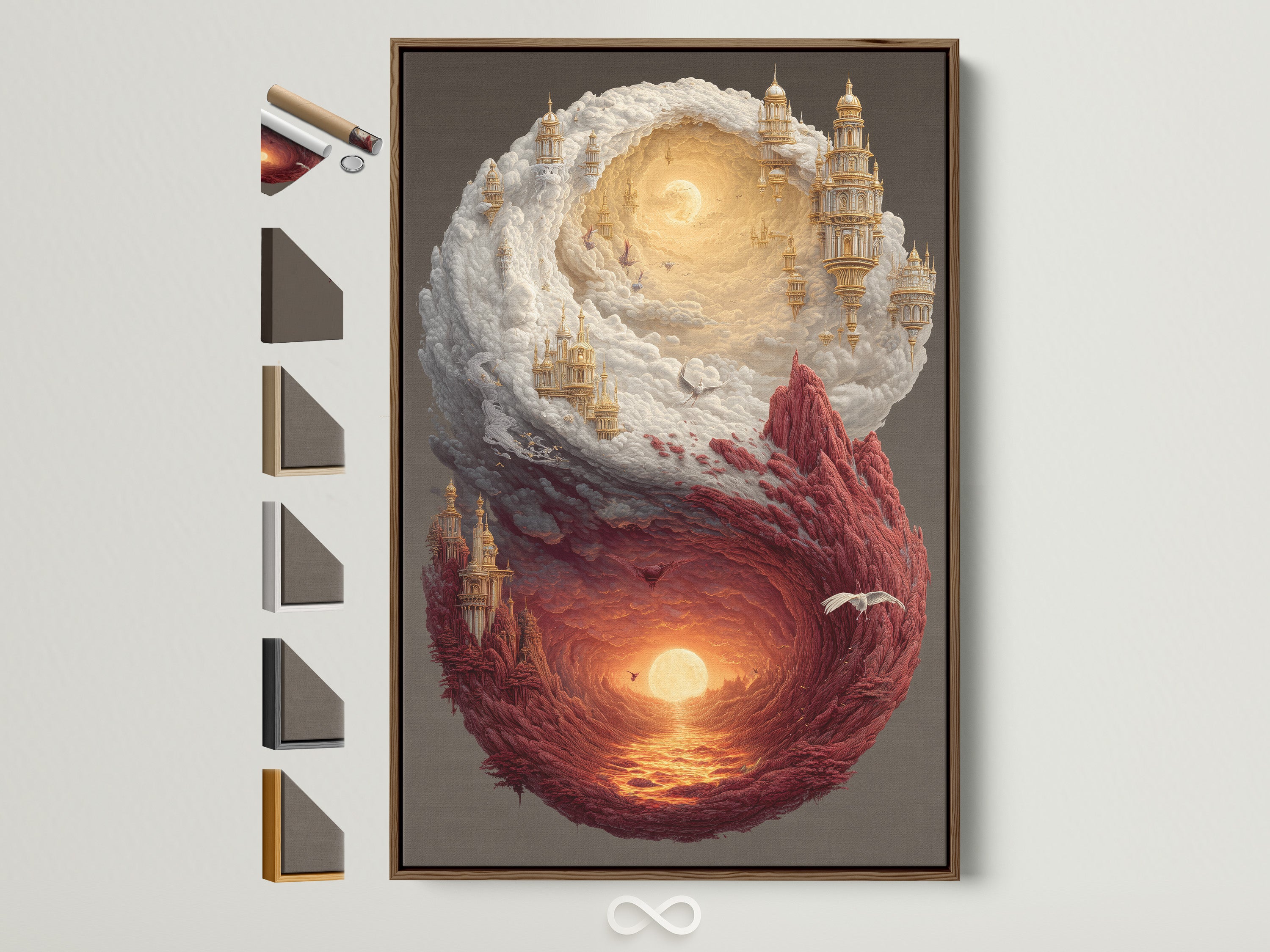Framed art print with a brown frame showcases all available frame options. This artwork features a captivating scene. It blends elements of sky castles and fiery landscapes. The print enhances any room with its unique artistic vision.