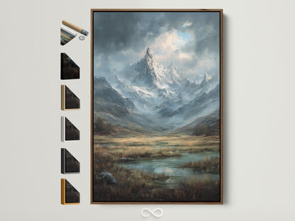 Artwork in a brown frame is displayed on a wall. The artwork features a majestic mountain landscape. All frame options are visible to the side. This allows you to see the variety of choices available for framing your artwork. Find the perfect frame to complement your style.