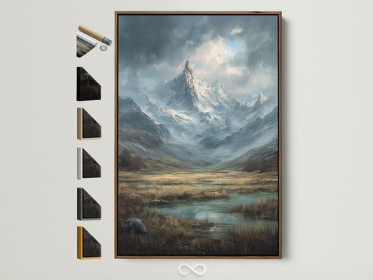 Artwork in a brown frame is displayed on a wall. The artwork features a majestic mountain landscape. All frame options are visible to the side. This allows you to see the variety of choices available for framing your artwork. Find the perfect frame to complement your style.