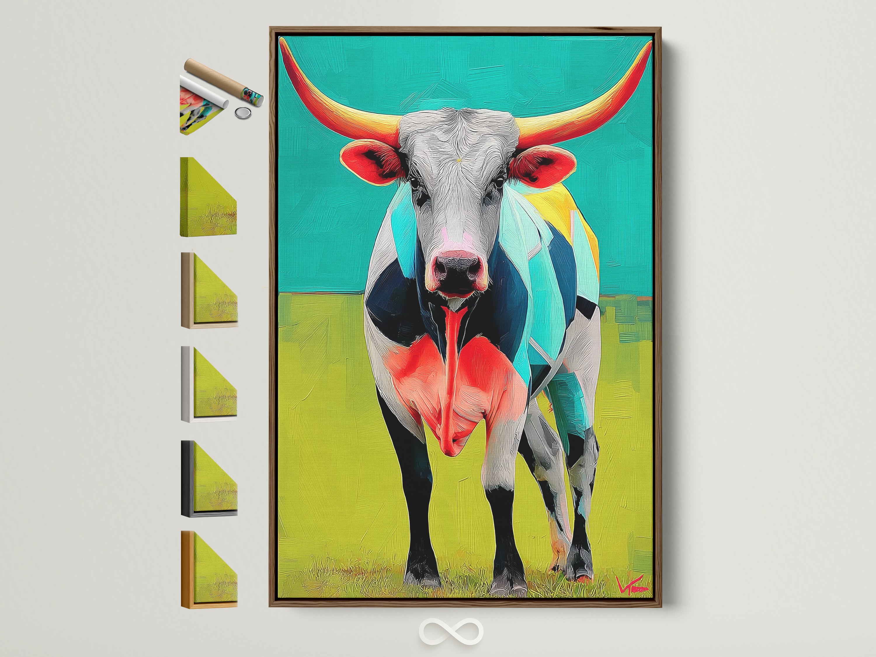 Explore a Longhorn Steer Canvas Print in a brown frame. See all frame options available. This abstract farmhouse wall art brings modern animal artwork to your office decor. Perfect for adding a touch of western art to any space. Consider this colorful animal artwork to brighten up your walls.