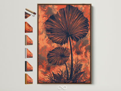Botanical fan palm artwork with a brown frame. This stylish print offers various frame options. Perfect for adding a touch of tropical foliage to your home decor. Elevate your space with this burnt orange wall art.