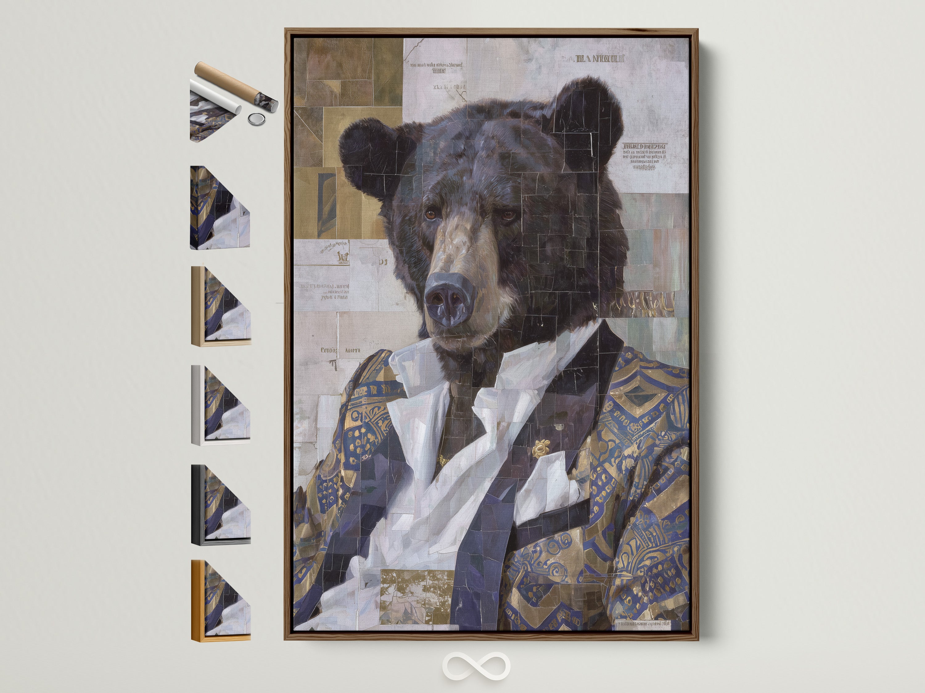 Brown frame showcasing a vintage collage bear portrait art piece. This eclectic animal artwork is ideal for adding a unique touch to your office study room decor.  All frame options are displayed offering a variety of choices for bohemian and rustic styles.