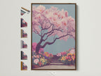 A cherry blossom tree art print framed in a brown frame. See all frame options available. This Japanese garden canvas print features pink sakura. It's perfect bedroom decor. The artwork complements minimalist modern or eclectic styles. It is great for Living Room Wall Art Bedroom Wall Decor or Office Wall Art.